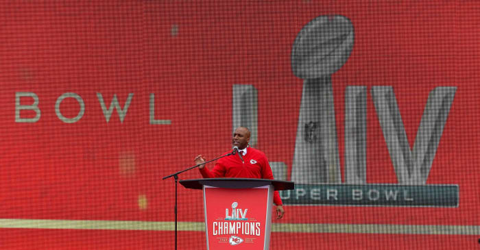 Feb 5, 2020; Kansas City, Missouri, USA; Kansas City mayor Quinton Lucas speaks during the Champions Rally. Mandatory Credit: Denny Medley-USA TODAY Sports